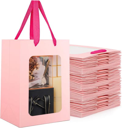 50 Roze Cadeauzakjes met Venster - Stevige Papieren Zakken met Handvat 18x13x25cm voor Feest en Banket
