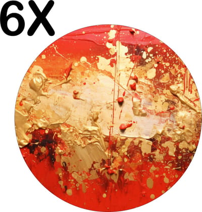 Luxe Ronde Placemat - Goud met Rode Abstracte Kunst - Set van 6 Placemats - 50x50 cm - 2 mm dik Vinyl - Anti Slip - Afneembaar