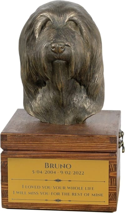 Urn voor hondenas met beeldje van Bearded Collie, Highland Collie of Mountain Collie