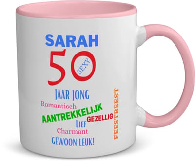 Akyol - sarah 50 jaar jong koffiemok - theemok - roze - 49+1 - mensen die 50 zijn geworden - 50 jaar sarah en abraham cadeau - jubileum man en vrouw - verjaardags - grappige tekst - jarig - verjaardag - 350 ML inhoud