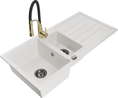 Mexen Andres granieten spoelbak 1,5-komor met afdruiprek en keukenmengkraan Aster, wit - 6515-20-73450-57-B