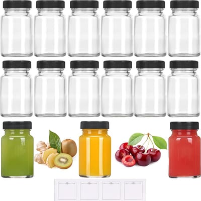 Famanu - Set van 15 glazen flesjes 60 ml met etiketten, herbruikbaar voor sap, smoothies en kruiden – Transparant
