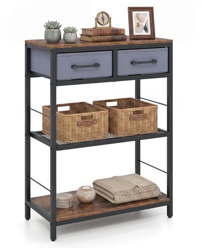 Klik om de volledige weergave te zien COSTWAY Smalle consoletafel met 2 stoffen laden en planken (bruin) | Ingangtafel met metalen frame, salontafel achter de bank, haltafel, bijzettafel voor woonkamer, 60 x 30 x 81 cm