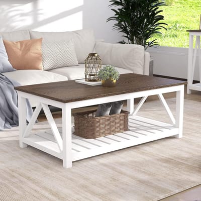 Boerderij Salontafel - Woonkamer Tafel - Gezellige Ruimte - Met Opbergplank - 100x55x45 cm - Wit Bruin