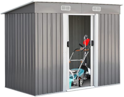 COSTWAY Gereedschapsschuur van metaal, tuinhuis met 2 schuifdeuren, gereedschapsschuur voor buiten, tuinschuur met lessenaarsdak, tuingereedschapshuis, gereedschapskast, 238 x 131 x 181 cm, grijs