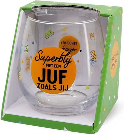 Schooljaar - Snoep - Wijnglas - Superblij met een Juf zoals jij - zijden lint: "Speciaal voor jou" - Cadeauverpakking