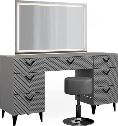 Vicco Anett Kaptafel set met kruk – 150 cm met LED-spiegel en krukje Grijs
