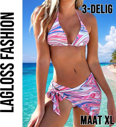 LaGloss® 3-delige Tie Dye Marmer Bikini Set Dames Roze met Pareo Wrap Rok – Strand mode – Beach Fashion – Maat XL