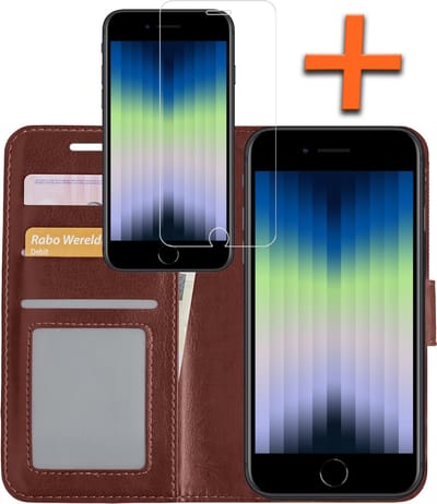 Hoes - Met Screenprotector - Geschikt voor Apple iPhone SE (2022) - Luxe Pasjeshouder - Bookcase Portemonee - Flip Case - Kunstleer Book Case - Flipcase - Book Cover - Walletcase - PortemonneeHoes - Bruin