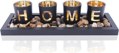 Famanu - Kandelaarset met 4 glazen bekers en houten dienblad, natuursteen tafeldecoratie