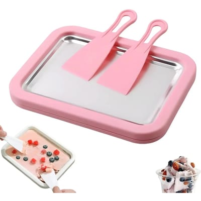 Plaque pour Sorbetière avec 2 Racloirs Plaque pour Yaourt Glacé DIY Multifonctionnelle Plaque pour Aliments Sucrés Frits Glacés Machine à Glace Roulée rose