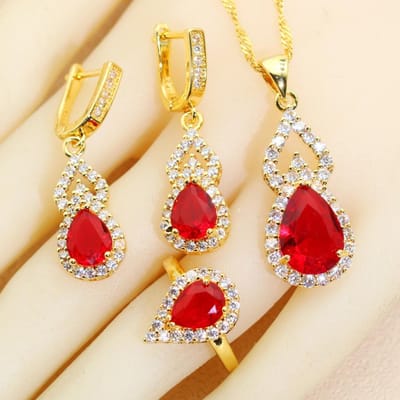 Klassieke Vergulde Sieradensets Waterdruppel Kristallen Oorbellen Ketting Hanger Open Ring Armband Sieraden Voor Vrouwen Feest Cadeau beige