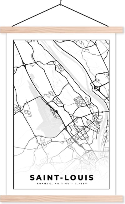 Posterhanger incl. Poster 40x60 cm - Schoolplaat - Stadskaart - Plattegrond - Saint-Louis - Kaart - Frankrijk - Zwart wit - Textielposter - Blanke latten - Stadskaart