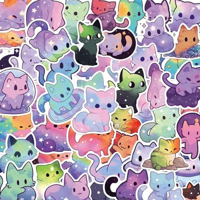 50 Stuks Kawaii Aesthetic Kat Stickers - Waterdichte Vinyl Stickers voor Laptop, Scrapbooking en Planners met Regenboog Sterrenhemel Thema
