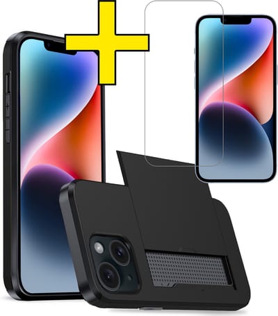 Hoesje Geschikt voor iPhone 14 Hoesje Case Pashouder Hard Cover Met Screenprotector - Hoes Geschikt voor iPhone 14 Hoesje Met Kaarthouder - Zwart