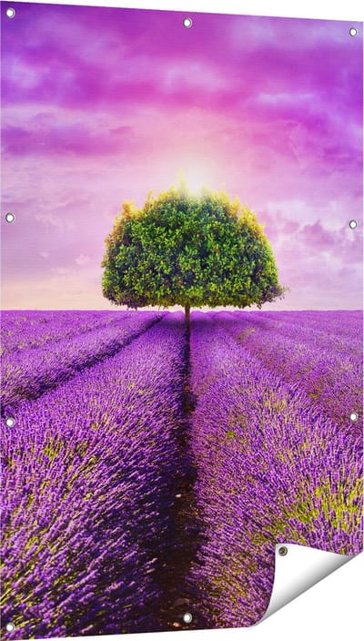 Gards Tuinposter Groene Boom in de Lavendel Bloemen - 80x120 cm - Tuindoek - Tuindecoratie - Wanddecoratie buiten - Tuinschilderij