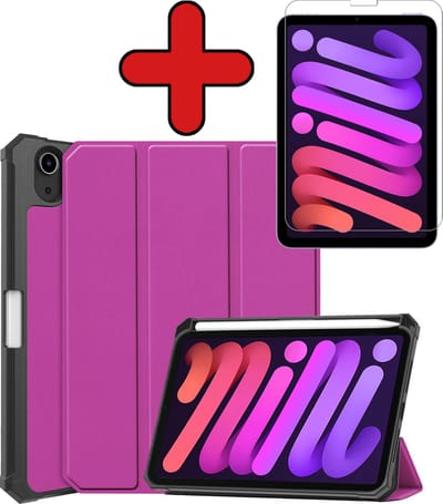 Hoesje - Geschikt voor Apple iPad Mini 6 (2021) - 8.3 inch - 6e Generatie - Met Screenprotector - Trifold Bookcase Hoes - Hard Cover Case - Met Uitsparing Geschikt voor Apple Pencil - Hardcover Book - Tablethoes - Paars