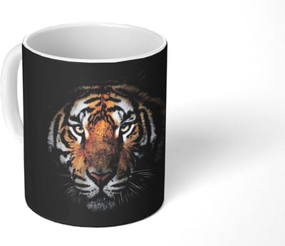 Mok - Koffiemok - Tijger - Wilde dieren - Portret - Zwart - Dieren - Mokken - 350 ML - Beker - Koffiemokken - Theemok