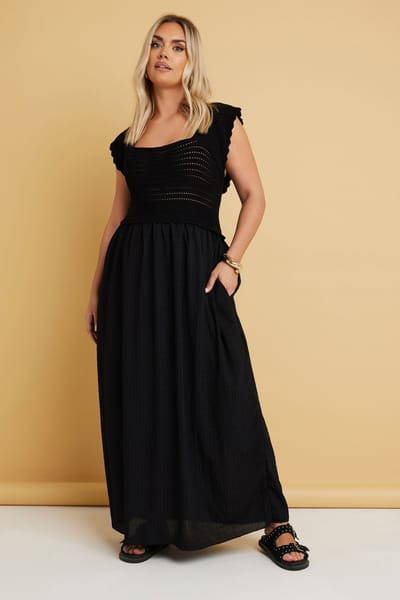 Yours Geweven Maxi Jurk Met Gehaakt Detail En Kapmouwen In Zwart Size 42-44