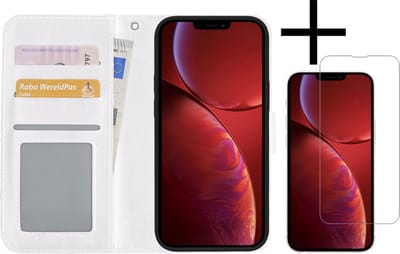 Hoesje - Met Screenprotector - Geschikt voor Apple iPhone 14 - Luxe Pasjeshouder - Bookcase Portemonee - Flip Case - Kunstleer Book Case - Flipcase - Book Cover - Walletcase - Portemonneehoes - Wit