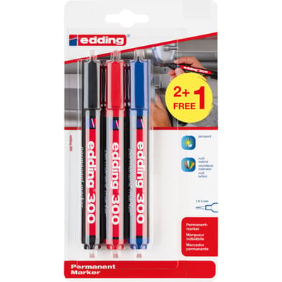 edding 300 permanent marker - zwart, rood, blauw - 3 stiften - ronde punt 1,5-3 mm - water en wrijfvast - voor karton, kunststof, hout, metaal, etc. - alcohol markers voor volwassenen