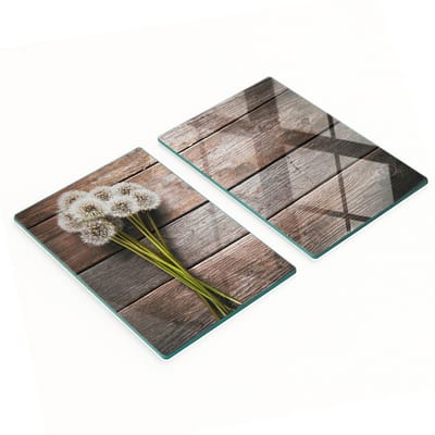 Gehard glazen platen met een decoratief patroon van paardenbloemen, afmetingen 2x40x52 cm.