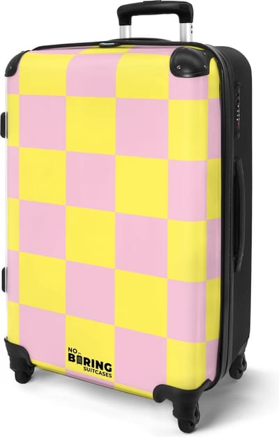 NoBoringSuitcases.com® - Koffer groot - Rolkoffer lichtgewicht - Valies geel met roze schaakbord print - Reiskoffer met 4 wielen - Reistrolley ruimbagage - Reizen - Grote trolley XL - 20 kg bagage