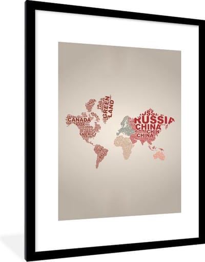 Poster in lijst - Fotolijst 60x80 cm - Posters - Wereldkaart - Letters - Land - Posterlijst zwart - Decoratie - Wanddecoratie woonkamer - Muurdecoratie slaapkamer