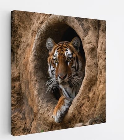 Saammp Canvas Schilderij - Tijger met groot gat - Natuur - Dieren - 20x20 - Foto op canvas - Wanddecoratie - muurdecoratie Woonkamer - Slaapkamer decoratie - Canvas Print