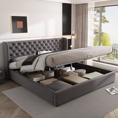 Gestoffeerd bed oorvorm fluwelen stof grote knoopnaden tweepersoonsbed 180*200, hydraulisch functioneel bed met lattenbodem en opbergruimte, de onderkant van het bed is gemaakt met een vuilafstotende zwarte vliesstof, grijs
