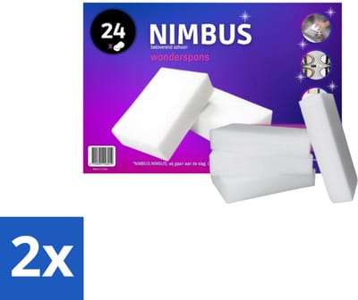 2 x NIMBUS Wonderspons 24 stuks per verpakking - Schoonmaken Zonder Chemische Middelen - Betoverend Schoonmaken - Spons Voor Vlekken - Hardnekkige Vlekken Verwijderen - Waterbasis Schoonmaak