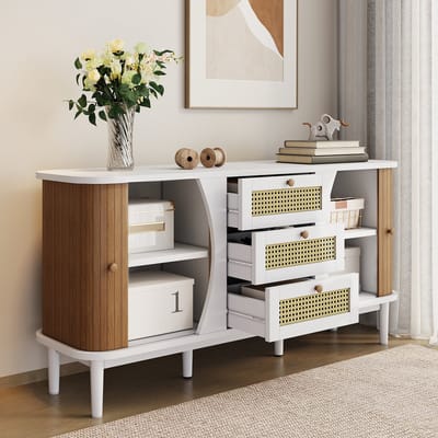 Wishdor Dressoir - Met Rattan Lades - Verstelbare Legplanken - Afgeronde Hoeken - MDF En Spaanplaat - Wit