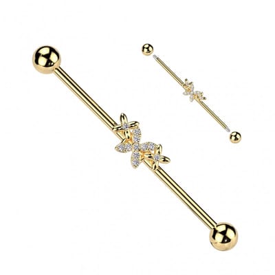 Industrial piercing PVD vlinder met steentje - goud - LMPiercings