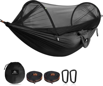 Ultralichte campinghangmat met muggennet - 300 kg draagvermogen - ademend en sneldrogend parachutenylon - inclusief premium karabijnhaken en nylon slingers.