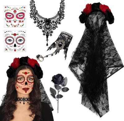 6-delige Haarband voor Dia de los Muertos, Halloween Kostuum met Bloemen, Tatoeages en Accessoires voor Feestjes en Carnavals