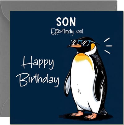 Grappige verjaardagskaart voor zoon met pinguïn