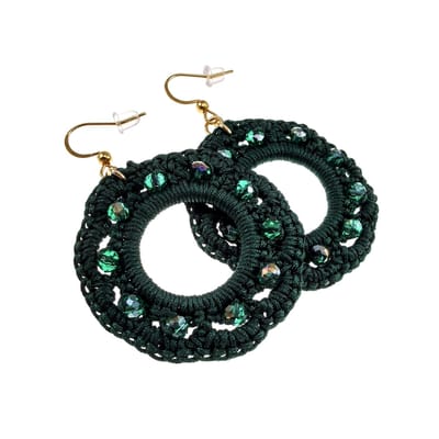 Exclusieve Groene Crochet Oorbellen met Kristallen, Haakoorbellen Dames, RVS Goudkleurig, Lengte 63mm - Handgemaakt esde2