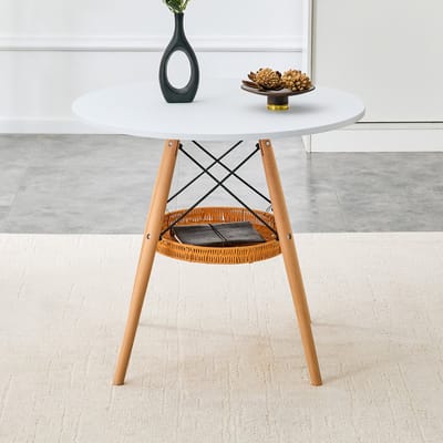 MIVRAY Eettafel - Ronde Tafel Met Opbergmand - Voor Keuken Balkon En Woonkamer - MDF En Massief Hout - 80 Cm - Wit