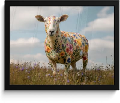 Poster in lijst - Fotolijst 40x30 cm - Posters - Schaap - Bloemen - Weide - Posterlijst zwart - Decoratie - Wanddecoratie woonkamer - Muurdecoratie slaapkamer