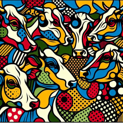 Pop art koeien schilderij | Flamboyante bovinedroom: surrealistisch spektakel van pop art koeien | Kunst - 100x100 centimeter op Dibond | Foto op Dibond