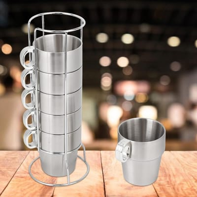 Ensemble de Tasses à Eau et à Café Empilables en Acier Inoxydable Anti-Brûlure Double Paroi avec Support Porte-Tasses