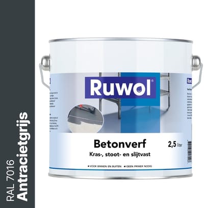 Ruwol Betonverf Antracietgrijs (RAL 7016) 2,5 liter - Voor binnen en buiten - Alle kleuren - Kras-, stoot- en slijtvaste verf voor beton en steen - Betonverf voor buiten