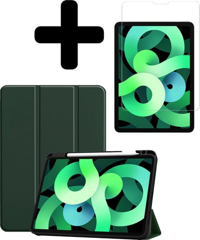 Hoes - Geschikt voor Apple iPad Air 5 (2022) - 10.9 inch - 5e Generatie - M1 - Met Screenprotector - Trifold Bookcase - Hard Cover Case - Met Uitsparing Geschikt voor Apple Pencil - Hardcover Book - Tablet Hoesje - Donkergroen