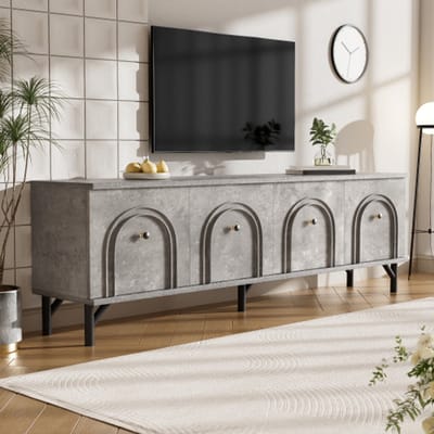 Stijlvol modern tv-meubel grijs – 4-deurs design, 160 cm, met soft-close scharnieren, ideaal voor woonkamer en entertainmentruimte