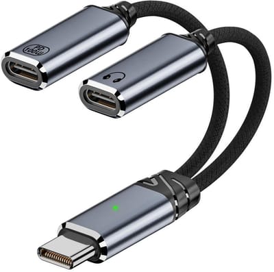 USB-C Male naar 2X USB-C Female oplader en data kabel splitter adapter - 100W - USB-C headset aansluiting - voor o.a. telefoon en laptop - zwart
