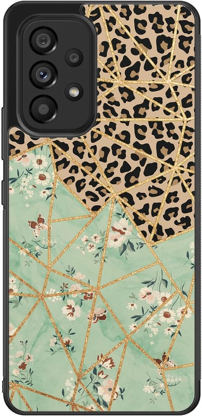 Leuke Telefoonhoesjes - Hoesje geschikt voor Samsung Galaxy A53 - Luipaard bloemen print - Backcover zwart - Print / Illustratie - Bruin
