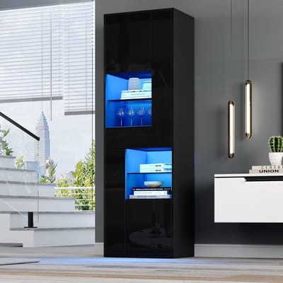 Sweiko Vitrinekast - 55 x 38 x 170 cm - Met laden - LED-verlichting - Hoogglans - Zwart