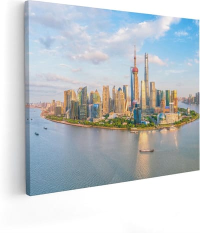 Artaza Canvas Schilderij Stad - 50x40 cm - Wanddecoratie Skyline Shanghai - Muurdecoratie Rivier - Kamer Accessoires