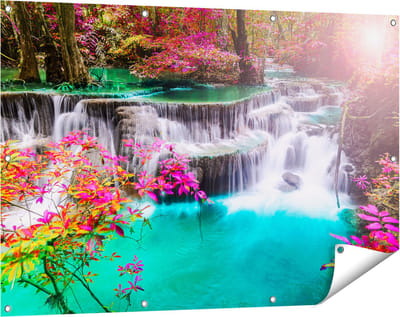 Gards Tuinposter Waterval in de Herfst met Kleurrijke Bloemen - 120x80 cm - Tuindoek - Tuindecoratie - Wanddecoratie buiten - Tuinschilderij