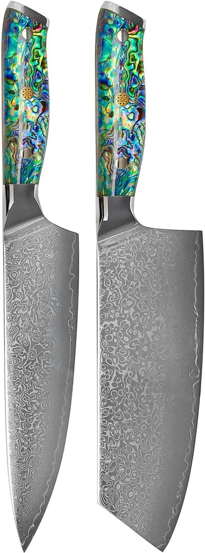 Shinrai Knives - Parelmoer Jewels 2-delige Damascus Messenset - Koksmes + Nakiri